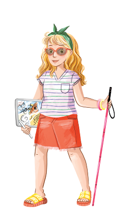 Cartoon girl with walking pole in one hand and an ipad in the other