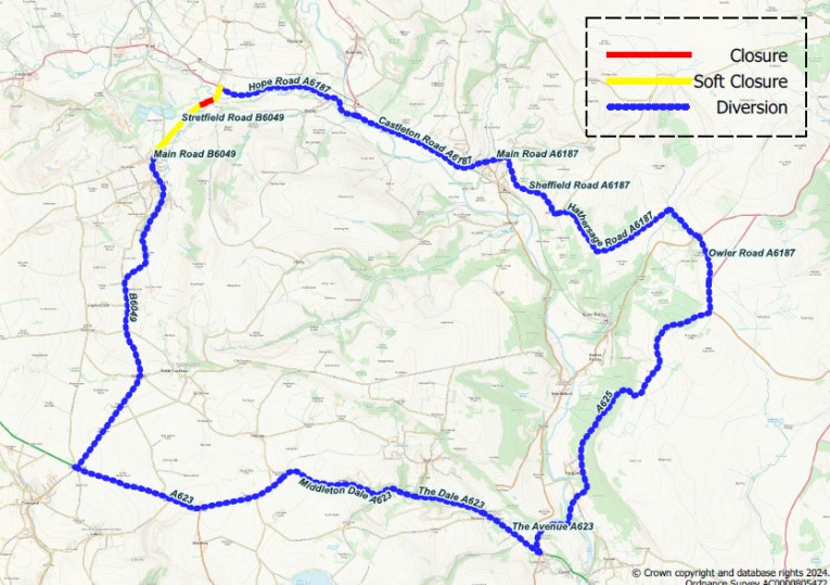 Map showing diversion route for closed section of B6049 Stretfield Road